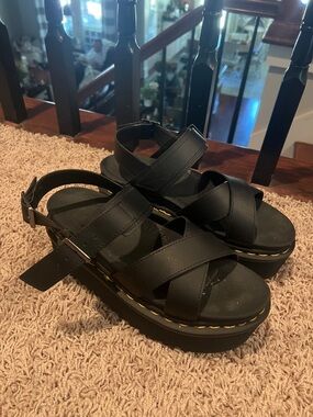 Dr. Martens Black Crisscross Platform Sandals with Yellow Stitching